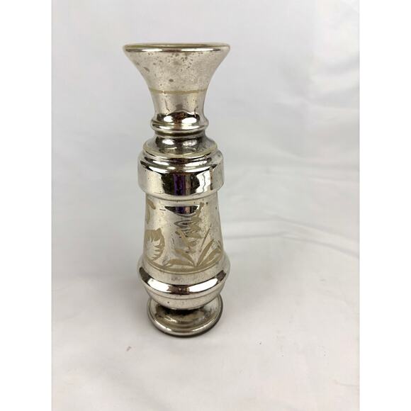 Victorian Antique Silver Mercury Glass Vase Floral Pattern Hand Blown 9” - Picture 9 of 11